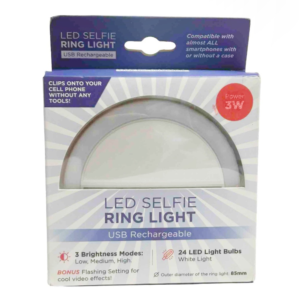 LED Selfie Ring Light Cell Phone Clip On 24 Bulbs USB Rechargeable White Flash
